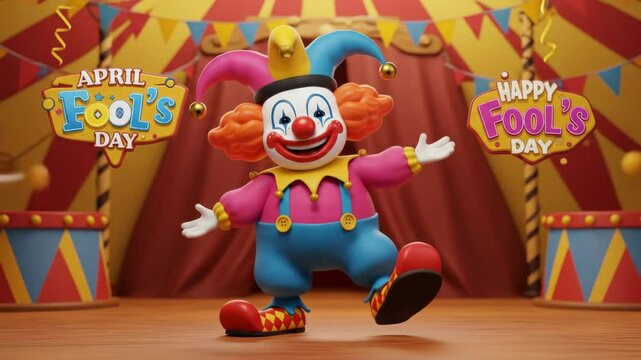 Cheerful Clown Celebrates April Fool's Day - A vibrant cartoon clown joyfully stands in a festive circus setting, celebrating April Fool's Day with colorful signs.