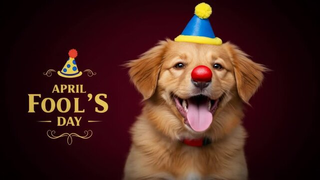 Happy Golden Retriever Puppy Celebrates April Fool's Day - An adorable golden retriever puppy wears a festive blue party hat and a red clown nose, playfully celebrating April Fool's Day.