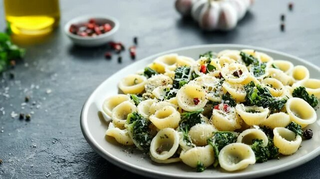 Delicious pasta dish with spinach and garlic prepared in a cozy kitchen setting
