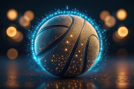 Futuristic basketball glowing with neon energy and digital particles