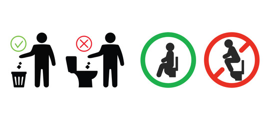 Correct and incorrect ways to use a toilet and dispose of waste