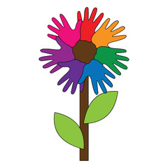 Colorful flower made of diverse hands symbolizing unity and teamwork