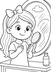 Coloring book girl brushing hair in front of mirror.
