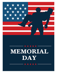 Soldier carrying fallen comrade silhouette against american flag for memorial day