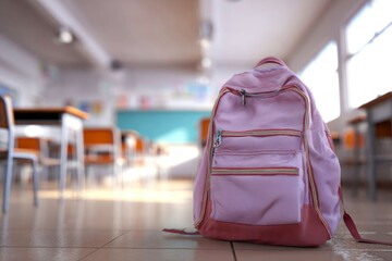 Pink backpack on the floor in empty school classroom with blurred background, back to school concept, learning process