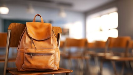 Backpack on chair in empty school classroom with blurred background, concept of back to school, learning process