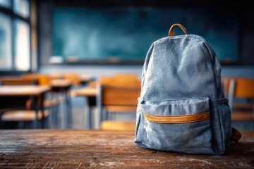 Backpack on wooden desk in empty school classroom with blurred background, back to school concept, learning process