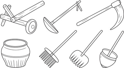 Plow Sickle Pot Rake Hoe Harrow Rural Farming Tool Icons for Agriculture Line Art Design Culture