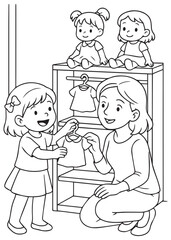 Coloring book girl and mom organizing doll clothes.
