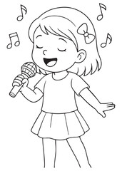 Coloring book girl singing into a microphone.
