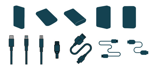 Collection of modern electronic device charging cables and connectors on white background