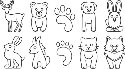 Deer Bear Dog Rabbit Goat Cat Wolf Paw Print Cute Animal Icons Set in Line Art Style Vector Collection