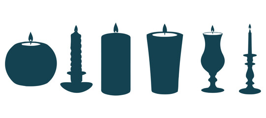Collection of diverse candle silhouettes with burning flames on a white background
