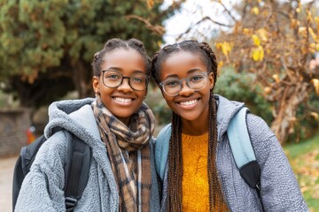 Two smiling african american female students in glasses with backpack on shoulders standing on autumn street, outside school hours, education and school concept