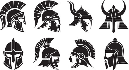 Roman Spartan Viking Warrior Helmet Icons Set Medieval Gladiator Headgear Silhouette Vector Style