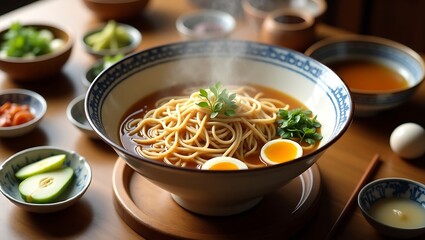 Hot Korean Naengmyeon Noodle Bowl with Traditional Side Dishes – Cozy Food Scene on Wooden Table and Beige Background, noodle, food, color image, no people, photography, korean culture, korean food, h