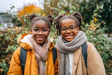 Two smiling african american female students in glasses with backpack on shoulders standing on autumn street, outside school hours, education and school concept