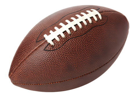 Close up view of a brown american football with white laces on a transparent background