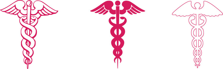 Three stylized caduceus symbols in pink on a white background