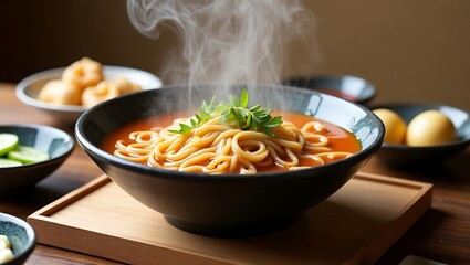 Hot Korean Naengmyeon Noodle Bowl with Traditional Side Dishes – Cozy Food Scene on Wooden Table and Beige Background, noodle, food, color image, no people, photography, korean culture, korean food, h