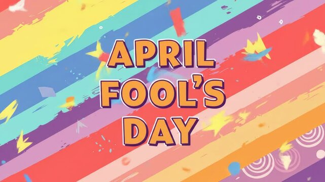 Colorful April Fool's Day Celebration Banner - A vibrant and colorful banner celebrating April Fool's Day with diagonal stripes in various hues including red, yellow, purple, and blue, accented by