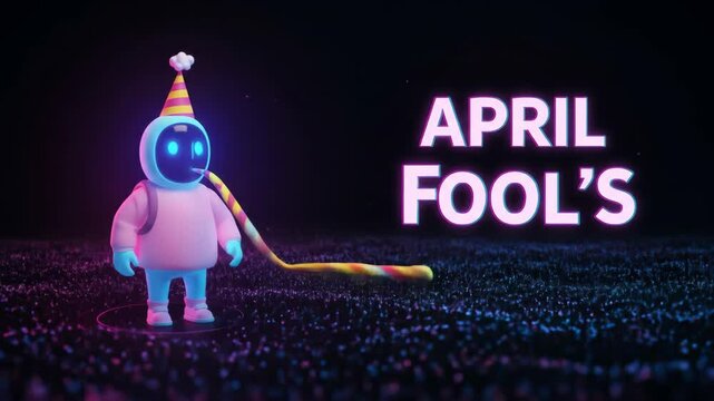 Festive Robot Celebrating April Fool's Day - A playful, cartoon-style robot wearing a colorful party hat and holding a noisemaker stands against a dark background.