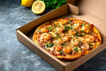 Appetizing pizza with shrimps in cardboard box on gray marble countertop, close-up king prawns lie on freshly baked pizza, fast food concept