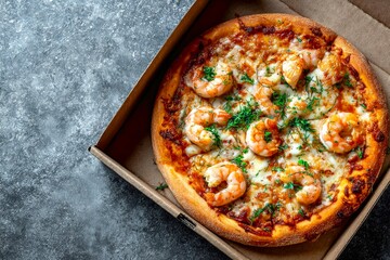 Appetizing pizza with shrimps in cardboard box on gray marble countertop, close-up king prawns lie on freshly baked pizza, fast food concept