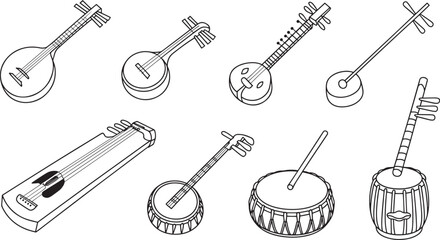 Banjo Sitar Tabla Erhu Drum Traditional Music Instrument Icons Line Art Vector Cultural Music Set