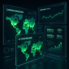 Futuristic AI Dashboard Monitoring Global Carbon Emissions on Glowing Digital World Map