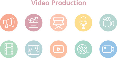 Colorful Circular Background Video Production Icon Set in Flat Line Style