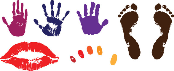 Collection of colorful handprints footprints and a red lipstick kiss mark