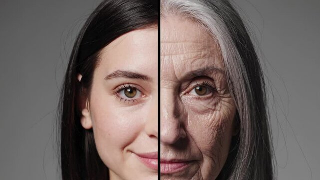 Transformation of youth to age in human faces captured in portrait
