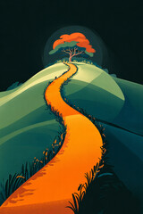 Winding Orange Path Leading to a Solitary Tree on a Verdant Hill Under a Dark Night Sky