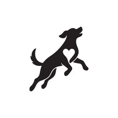A black silhouette of a dog jumping with a heart shape on its chest on white background