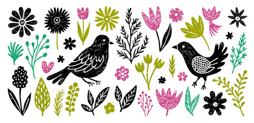 Hand-drawn Birds and Flowers Spring Clipart Set