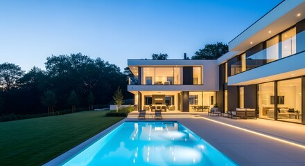 Fototapeta premium Luxury Living: Modern Villa with Pool at Twilight