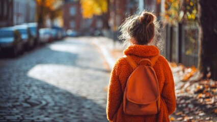 Little girl with backpack on her shoulders walking to school on autumn street, back to school concept, schoolgirl in a hurry to study
