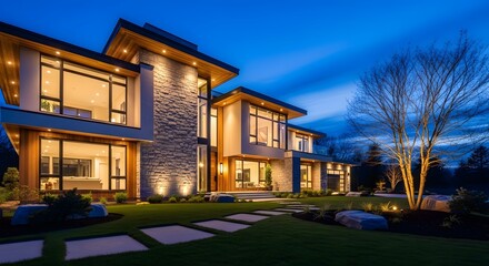 Obraz premium Modern Luxury Home at Twilight: Dream Home Architecture
