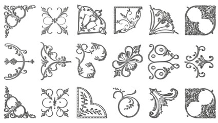 Fototapeta premium Collection of ornate silver corner flourishes and decorative elements on black background