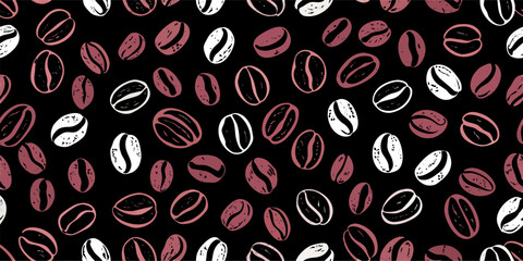 Seamless Pattern: Coffee Beans, Dark Background, Red and White