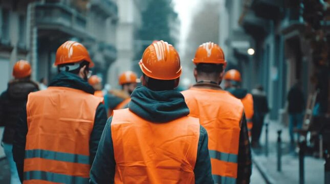 Construction workers in safety gear walking through urban street as day begins