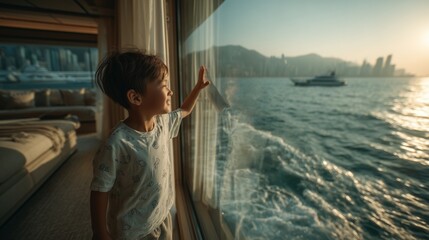Asian child gazes sea water from luxury cruise room window at sunset, enjoying the sunset over the vibrant city