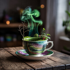 Enchanted Teacup Garden Miniature Landscape with Mystical Green Smoke