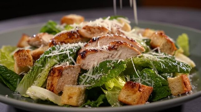 Fresh grilled chicken Caesar salad with croutons and Parmesan cheese on a grey plate