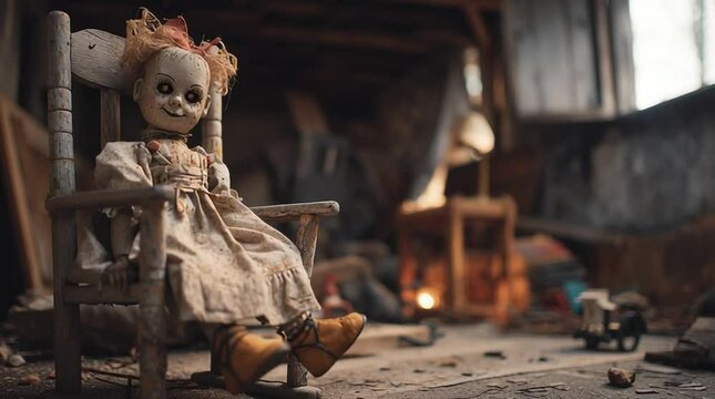 Abandoned room with a doll sitting in a rocking chair amidst dust and neglect in an old house