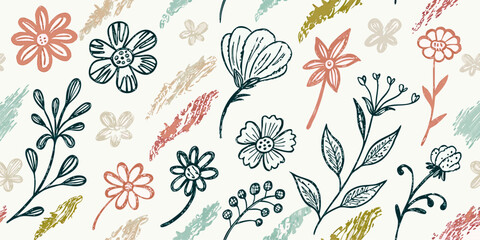 Seamless Floral Pattern: Hand Drawn Flowers & Leaves