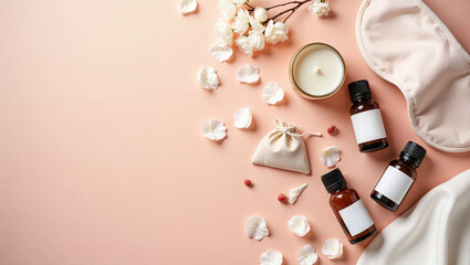 Spa composition with essential oils, aroma candle, sleep mask, flower petals and pouch on soft pastel pink background. Aromatherapy and relaxation concept.