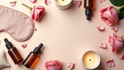 Spa composition with essential oils, aroma candle, sleep mask, flower petals and pouch on soft pastel pink background. Aromatherapy and relaxation concept.