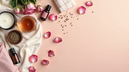 Spa composition with essential oils, aroma candle, sleep mask, flower petals and pouch on soft pastel pink background. Aromatherapy and relaxation concept.